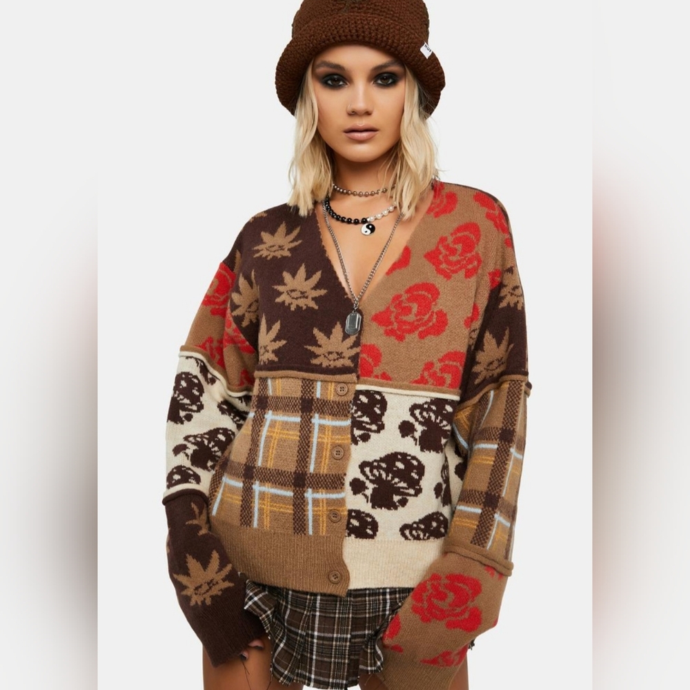 Huf color block mushrooms and plants cardigan